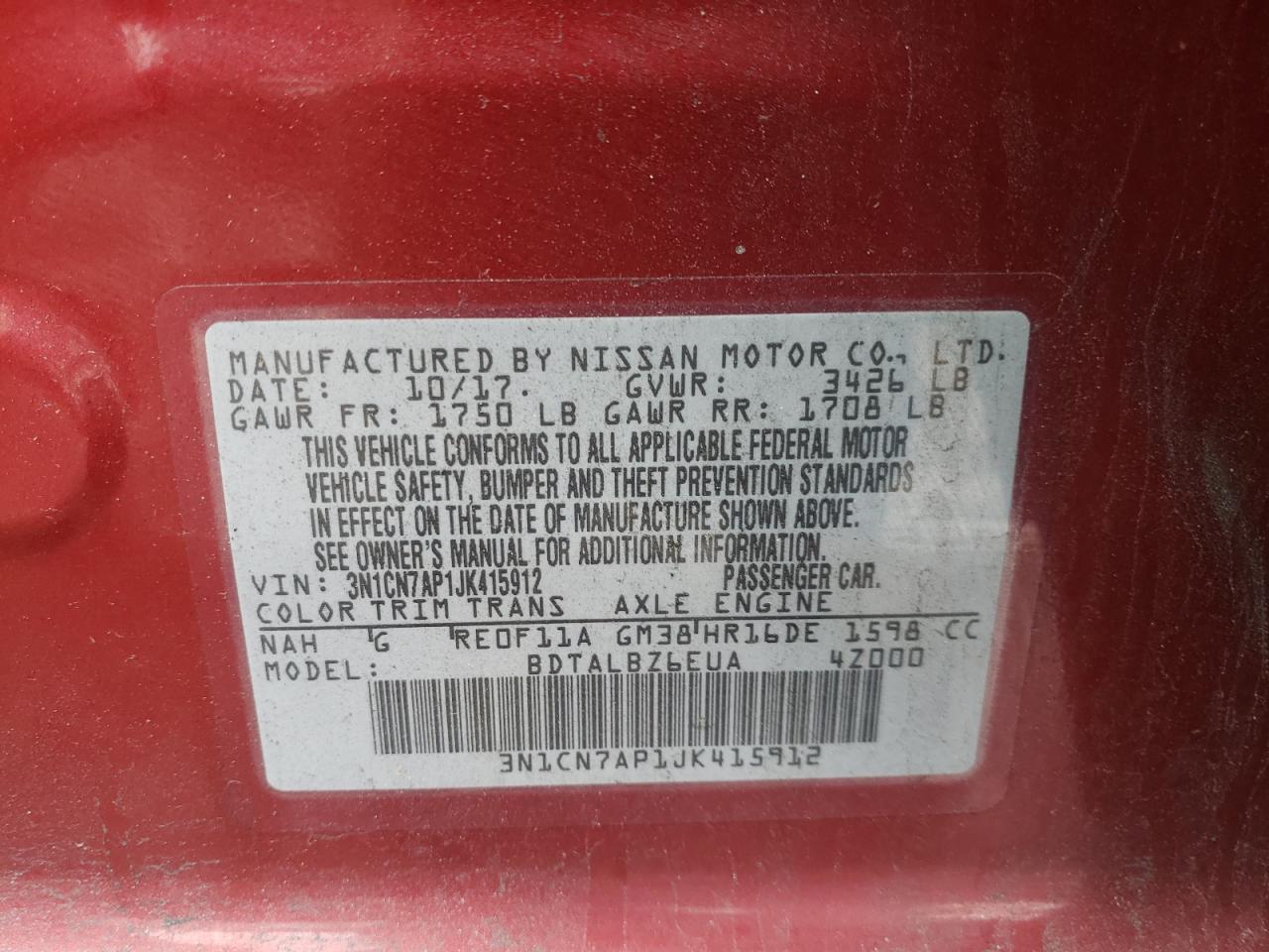 Photo 10 from auction – 2018 NISSAN VERSA S with VIN 3N1CN7AP1JK415912