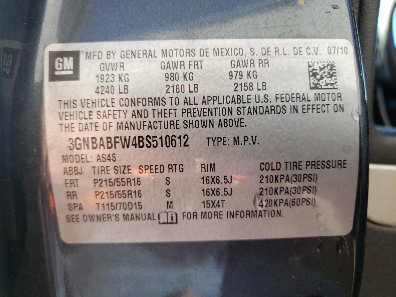 Photo 10 from auction – 2011 CHEVROLET HHR LT with VIN 3GNBABFW4BS510612