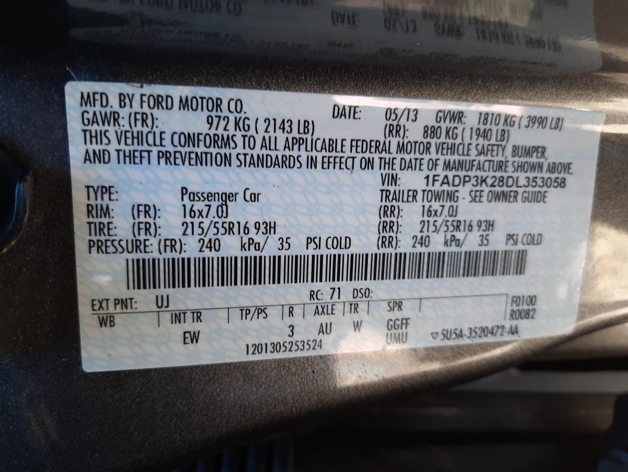 Photo 10 from auction – 2013 FORD FOCUS SE with VIN 1FADP3K28DL353058