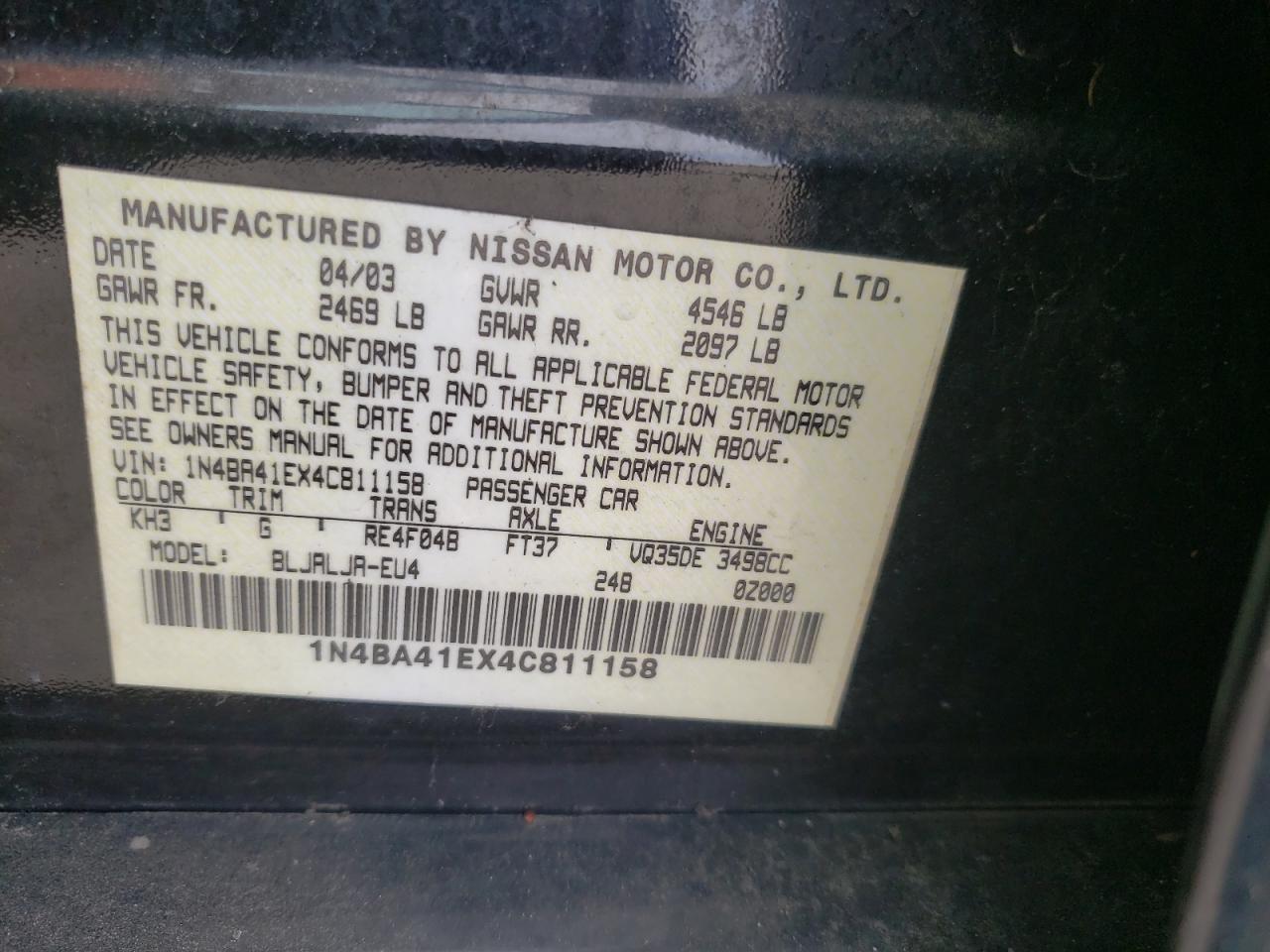 Photo 10 from auction – 2004 NISSAN MAXIMA SE with VIN 1N4BA41EX4C811158