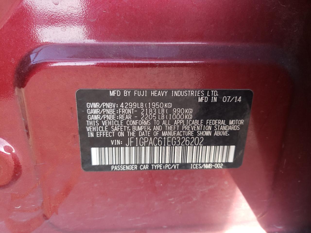 Photo 10 from auction – 2014 SUBARU IMPREZA PR with VIN JF1GPAC61EG326202