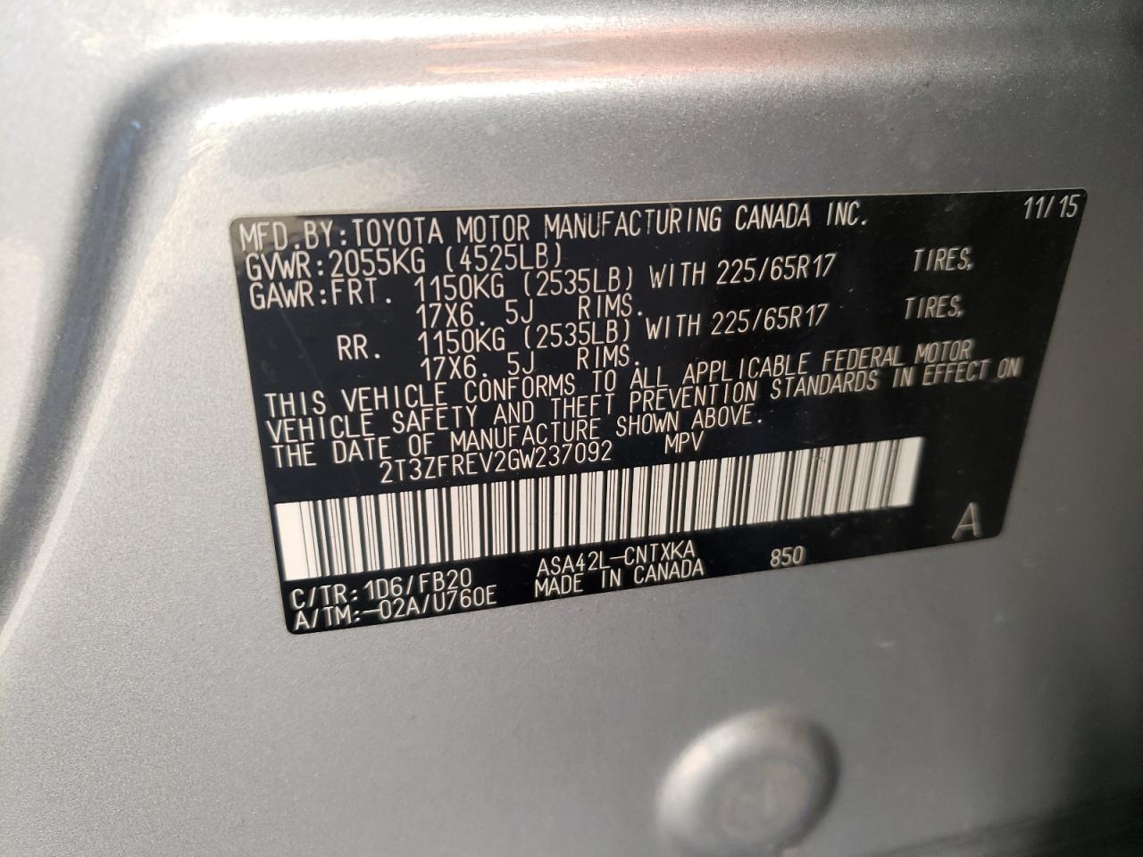 Photo 10 from auction – 2016 TOYOTA RAV4 LE with VIN 2T3ZFREV2GW237092