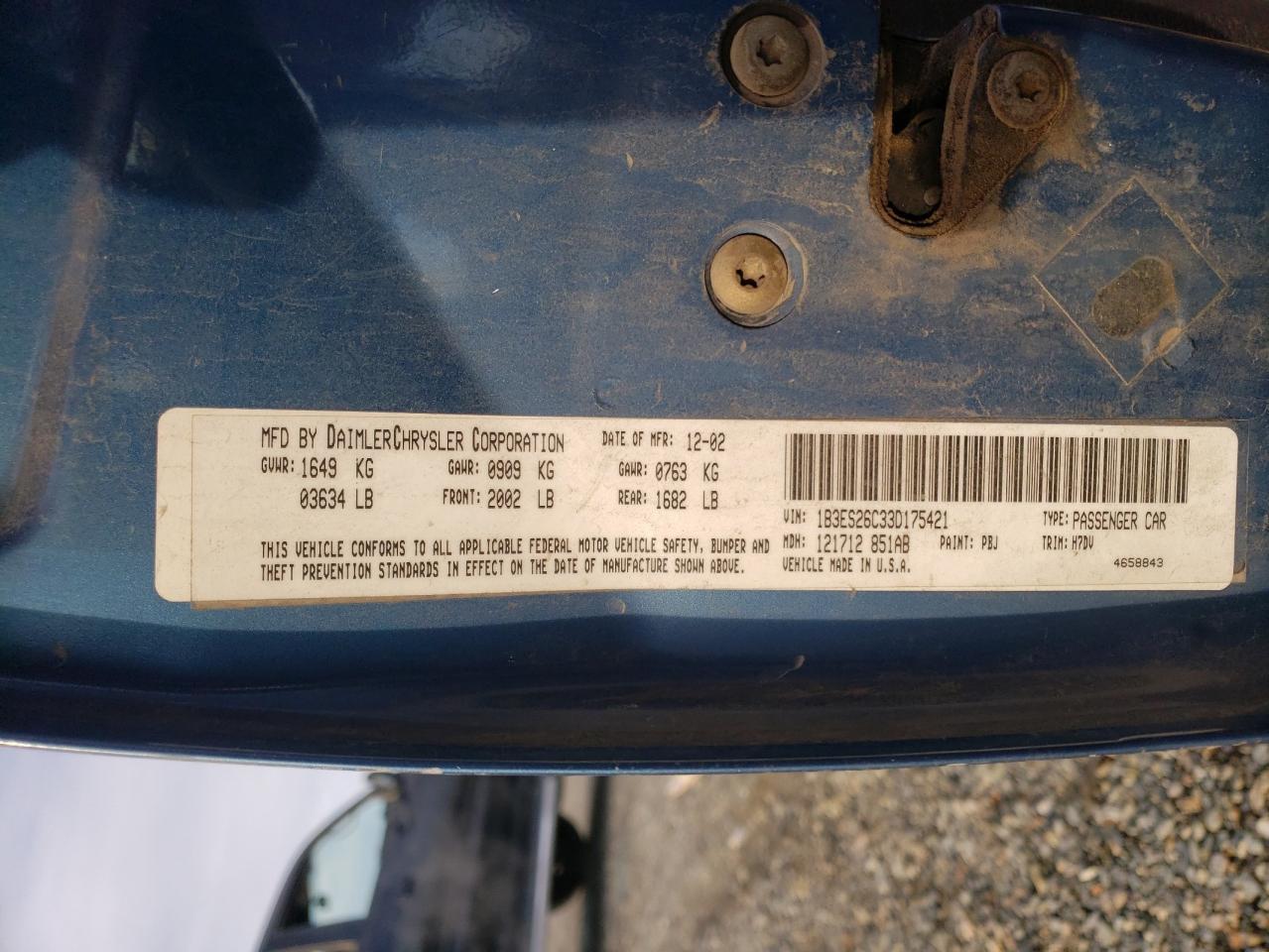 Photo 10 from auction – 2003 DODGE NEON SE with VIN 1B3ES26C33D175421