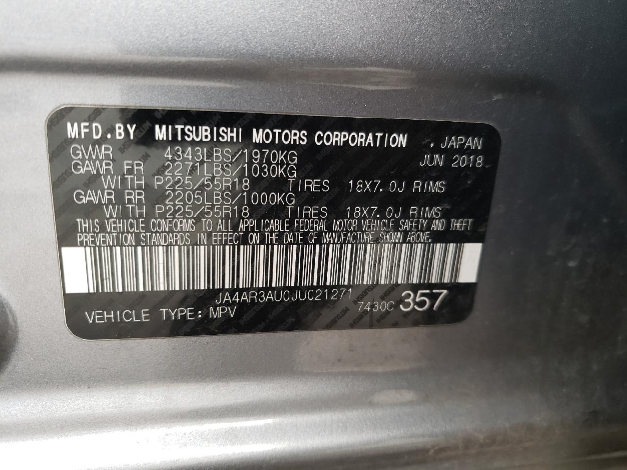 Photo 10 from auction – 2018 MITSUBISHI OUTLANDER with VIN JA4AR3AU0JU021271