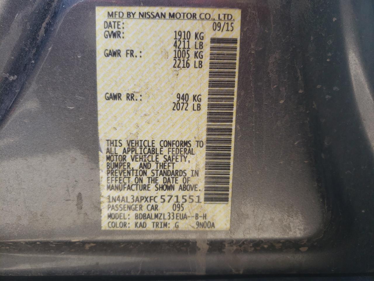 Photo 10 from auction – 2015 NISSAN ALTIMA 2.5 with VIN 1N4AL3APXFC571551