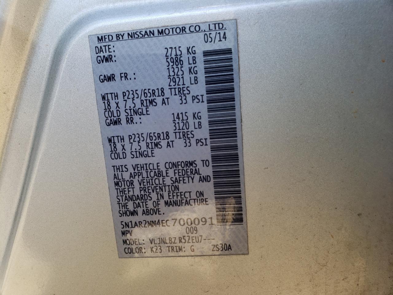 Photo 10 from auction – 2014 NISSAN PATHFINDER with VIN 5N1AR2MM4EC700091