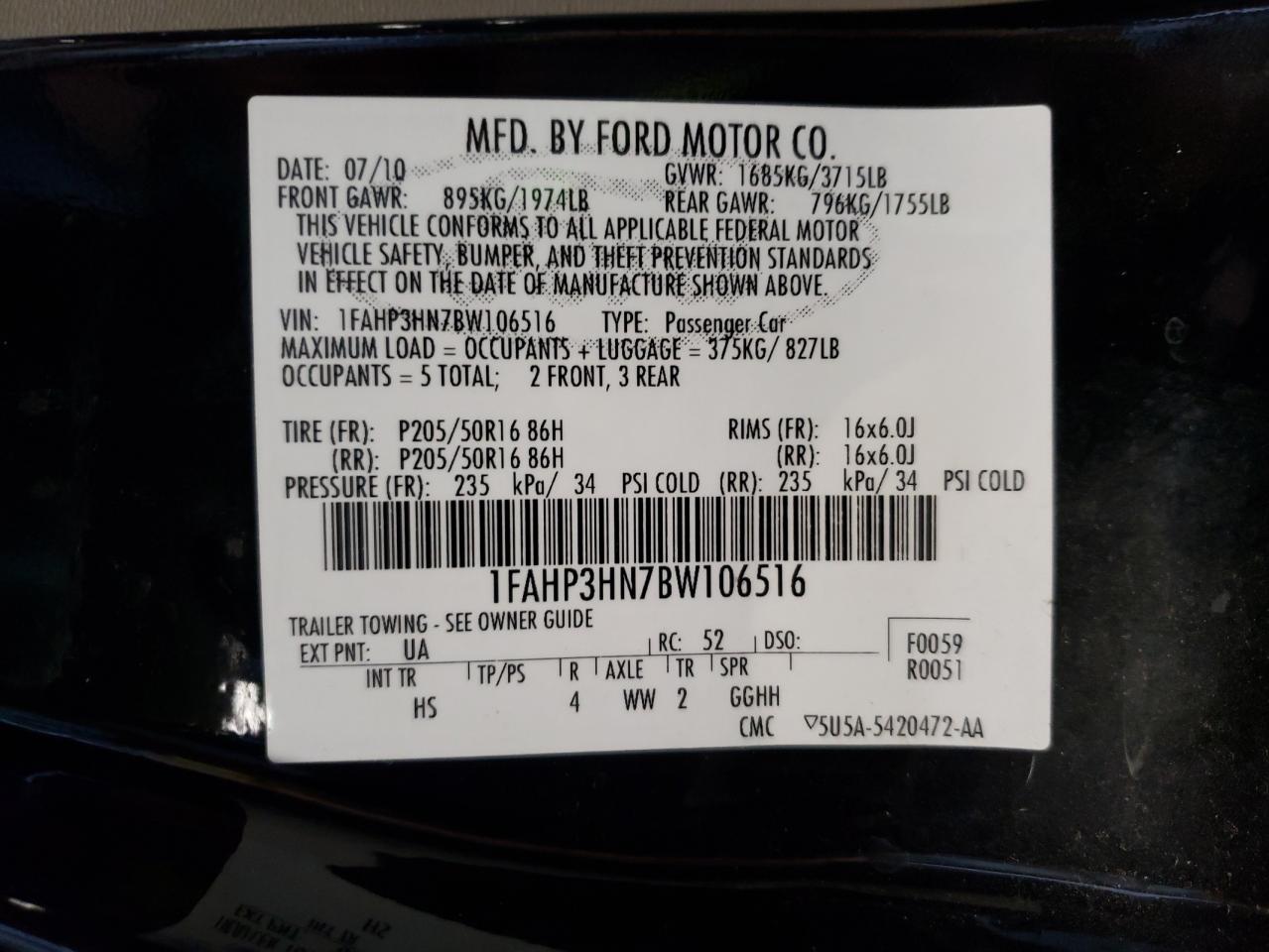 Photo 10 from auction – 2011 FORD FOCUS with VIN 1FAHP3HN7BW106516