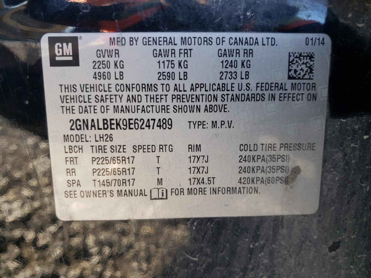 Photo 10 from auction – 2014 CHEVROLET EQUINOX LT with VIN 2GNALBEK9E6247489