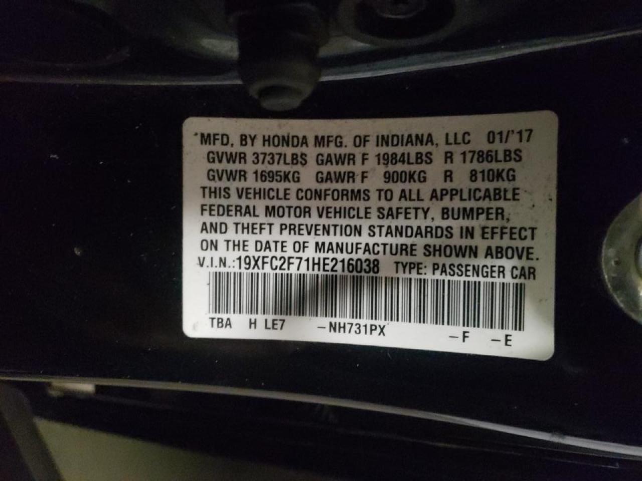 Photo 10 from auction – 2017 HONDA CIVIC EX with VIN 19XFC2F71HE216038