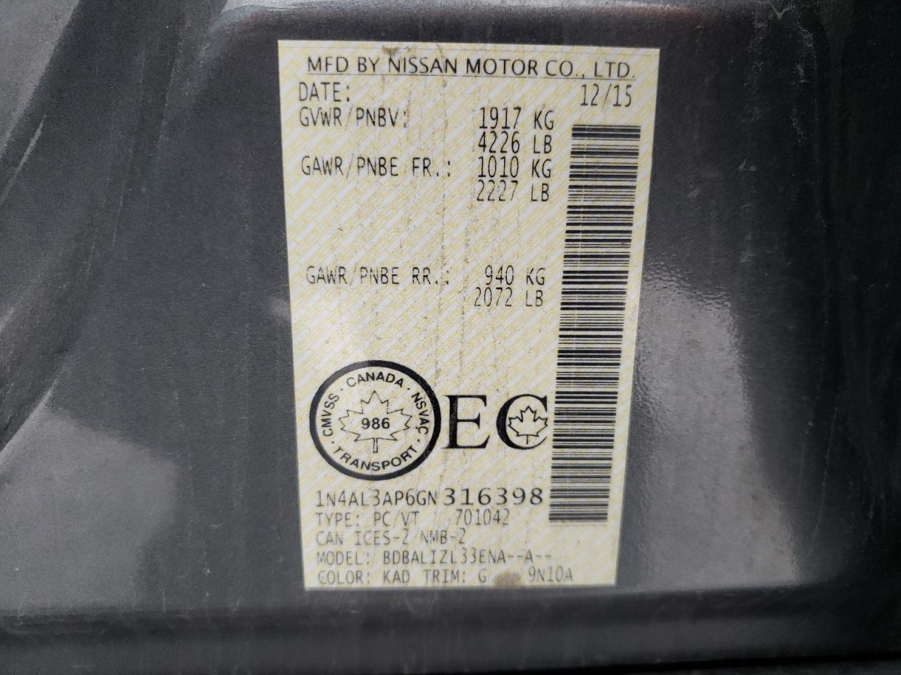 Photo 10 from auction – 2016 NISSAN ALTIMA 2.5 with VIN 1N4AL3AP6GN316398