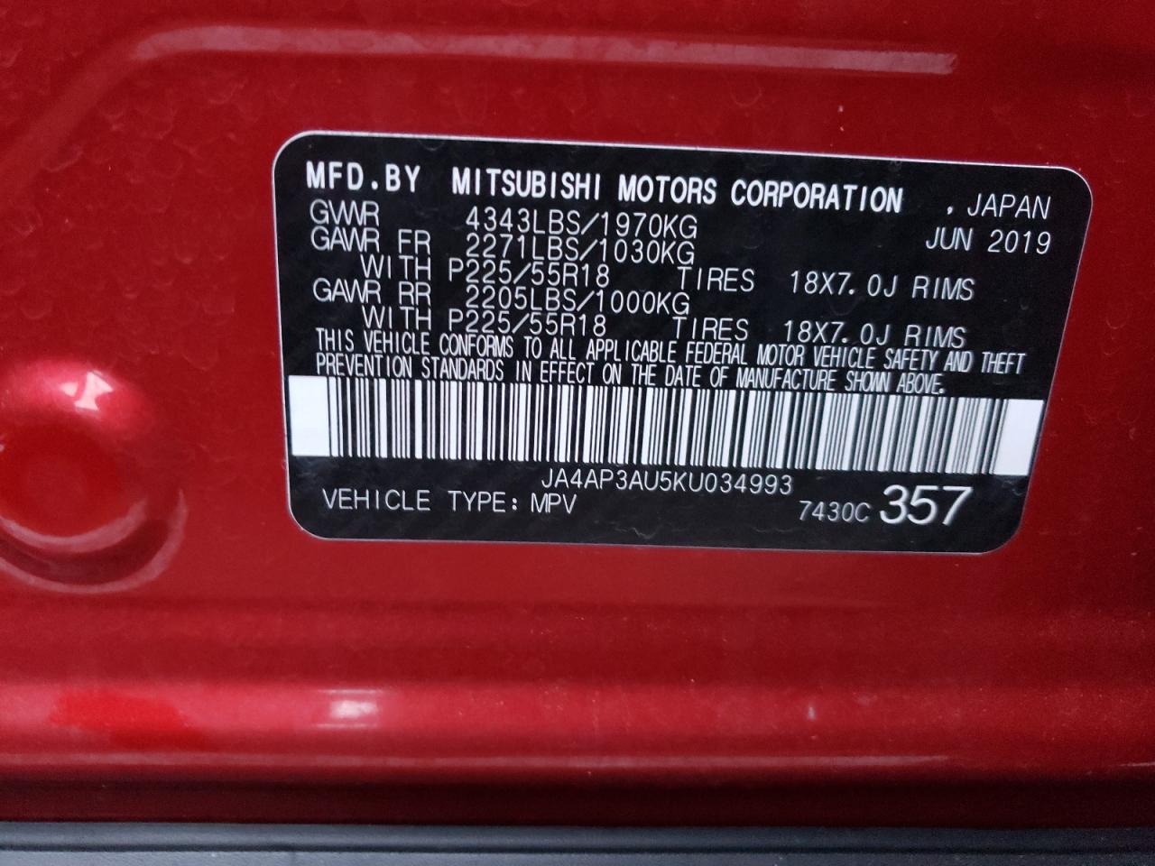 Photo 10 from auction – 2019 MITSUBISHI OUTLANDER with VIN JA4AP3AU5KU034993
