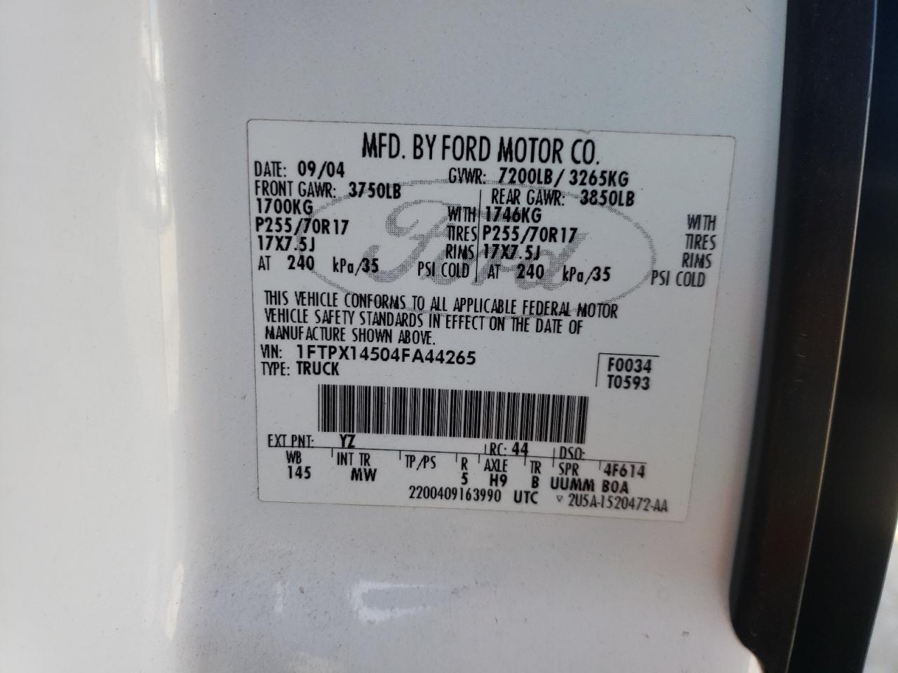 Photo 10 from auction – 2004 FORD F150 with VIN 1FTPX14504FA44265