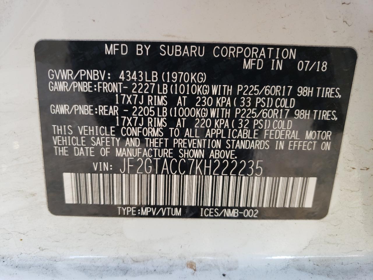 Photo 10 from auction – 2019 SUBARU CROSSTREK with VIN JF2GTACC7KH222235