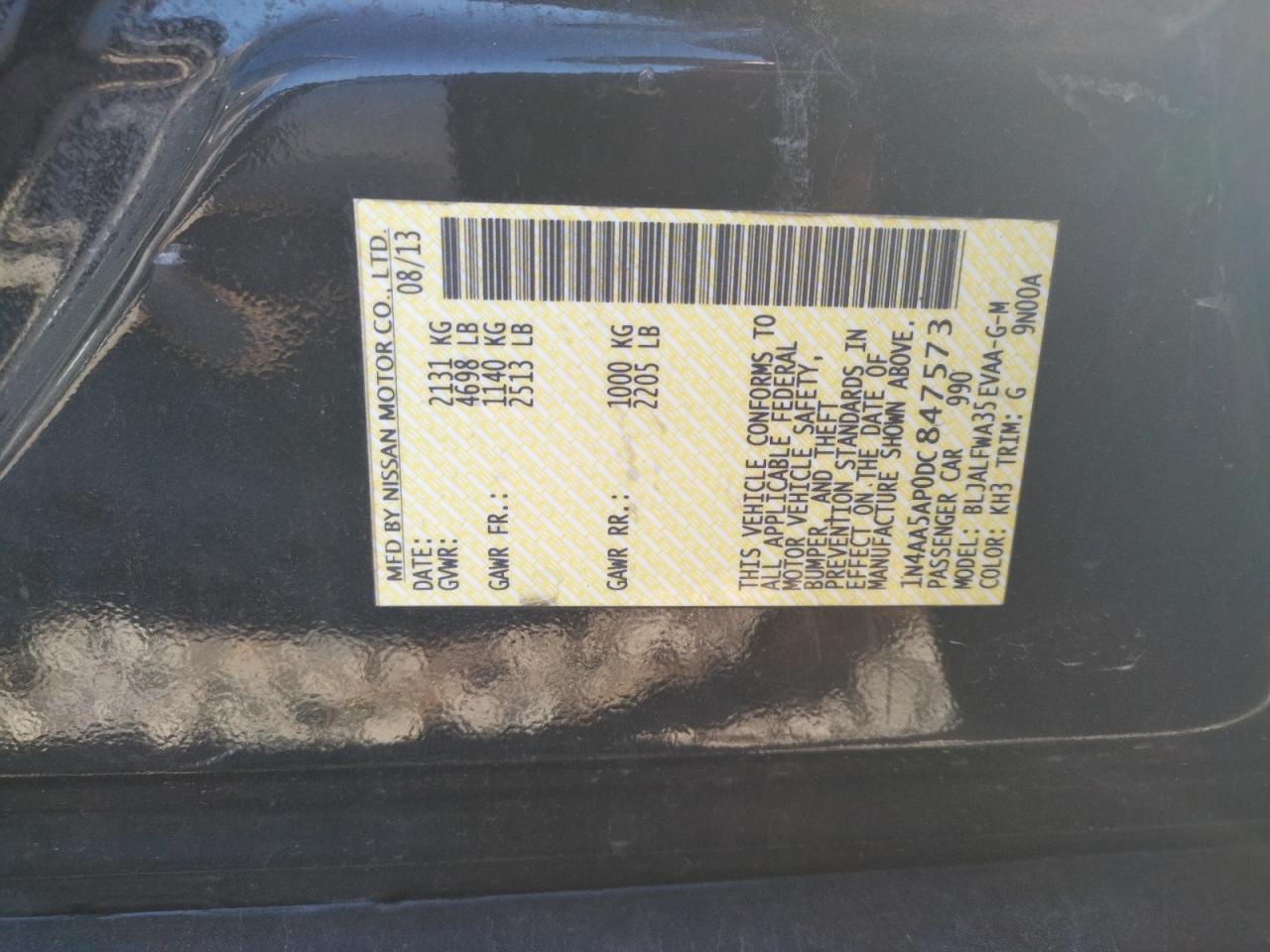 Photo 10 from auction – 2013 NISSAN MAXIMA S with VIN 1N4AA5AP0DC847573
