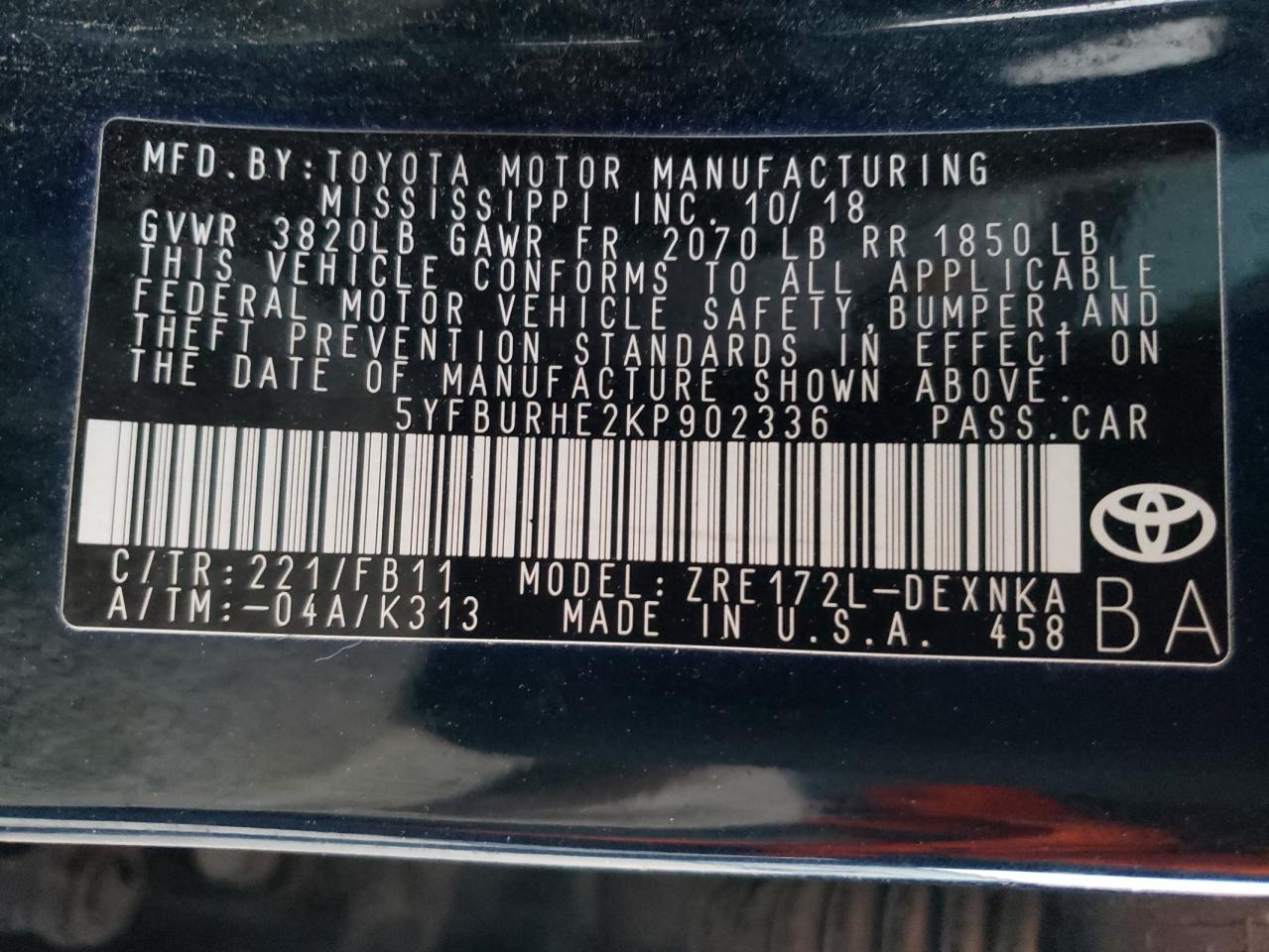 Photo 10 from auction – 2019 TOYOTA COROLLA L with VIN 5YFBURHE2KP902336