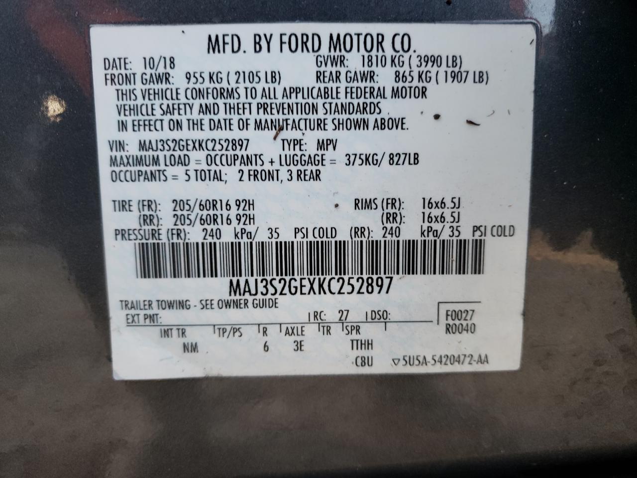 Photo 10 from auction – 2019 FORD ECOSPORT S with VIN MAJ3S2GEXKC252897