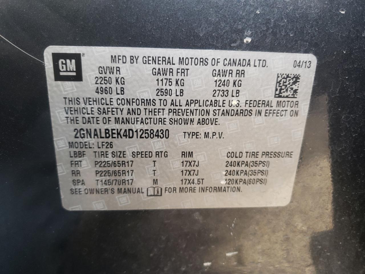 Photo 10 from auction – 2013 CHEVROLET EQUINOX LS with VIN 2GNALBEK4D1258430