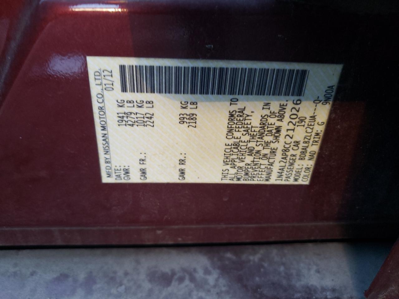 Foto 10 de la subasta – 2012 NISSAN ALTIMA BAS con VIN 1N4AL2AP8CC212026