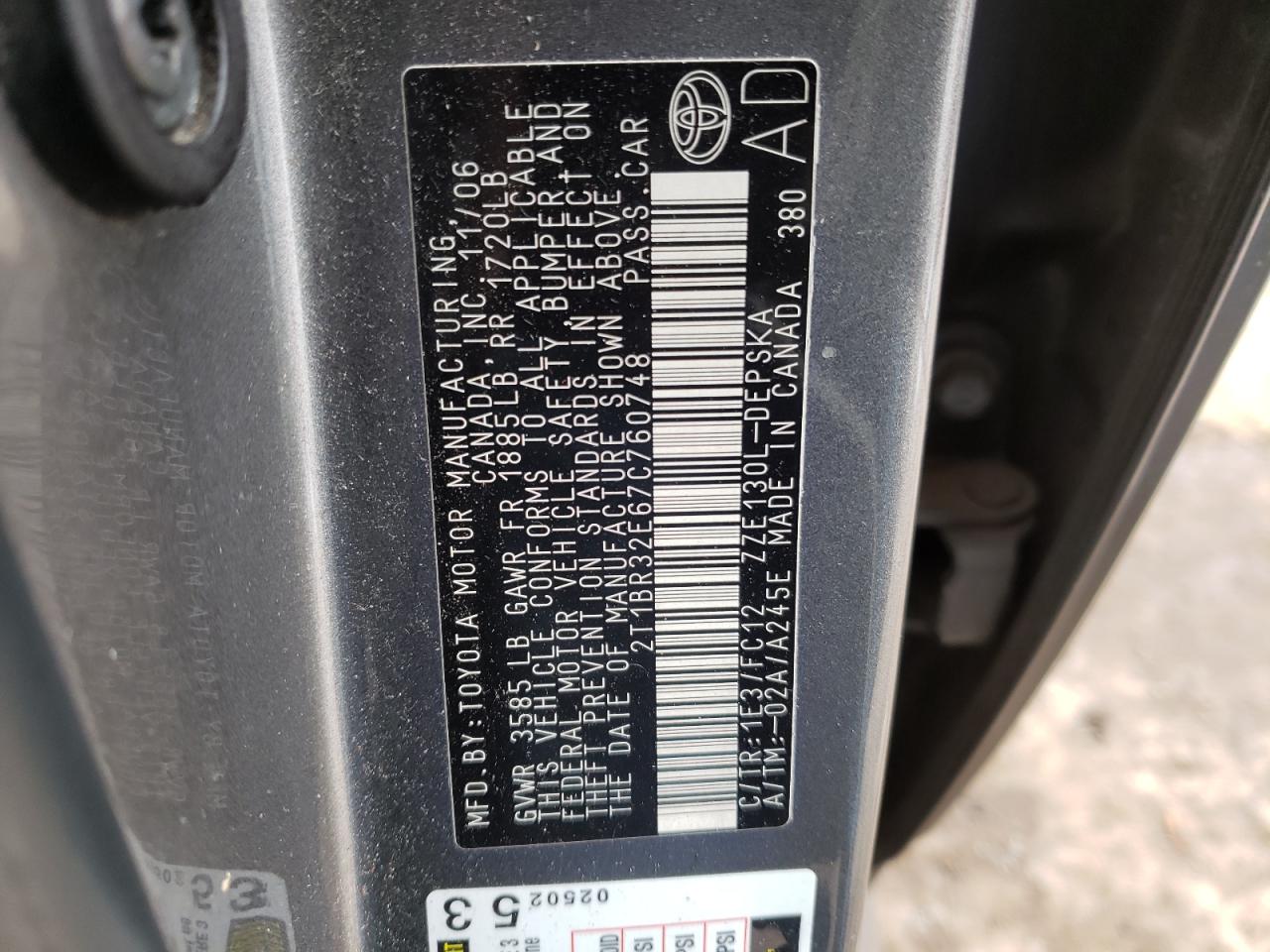 Photo 10 from auction – 2007 TOYOTA COROLLA CE with VIN 2T1BR32E67C760748