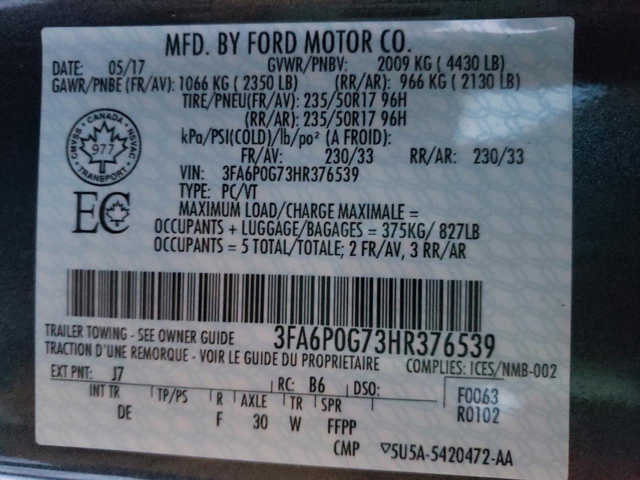 Photo 10 from auction – 2017 FORD FUSION S with VIN 3FA6P0G73HR376539