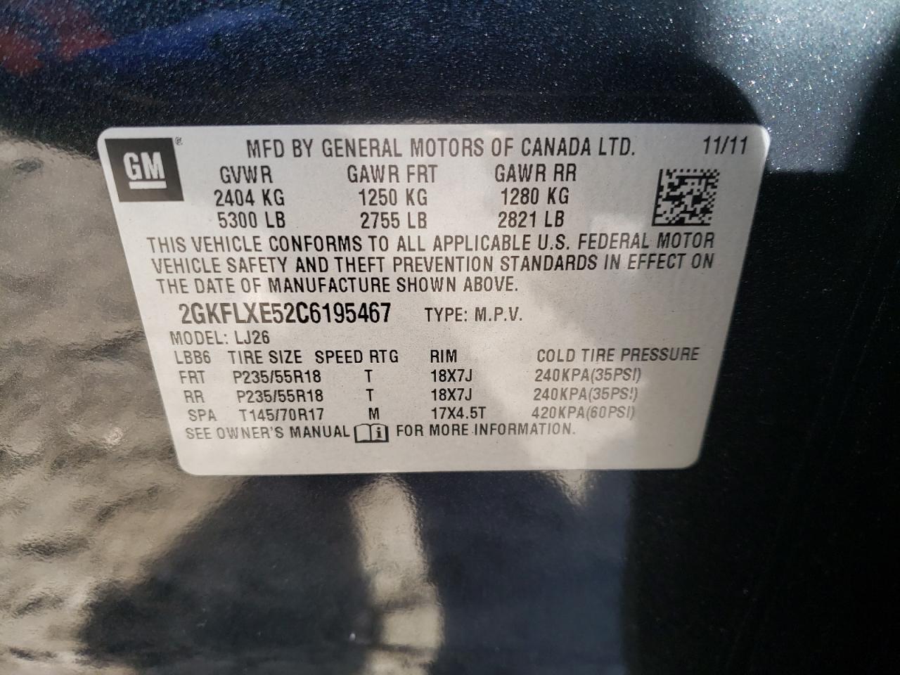 Photo 10 from auction – 2012 GMC TERRAIN SL with VIN 2GKFLXE52C6195467
