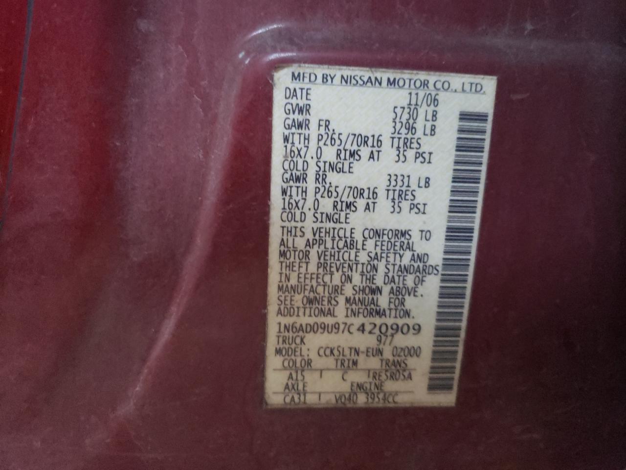 Photo 10 from auction – 2007 NISSAN FRONTIER C with VIN 1N6AD09U97C420909