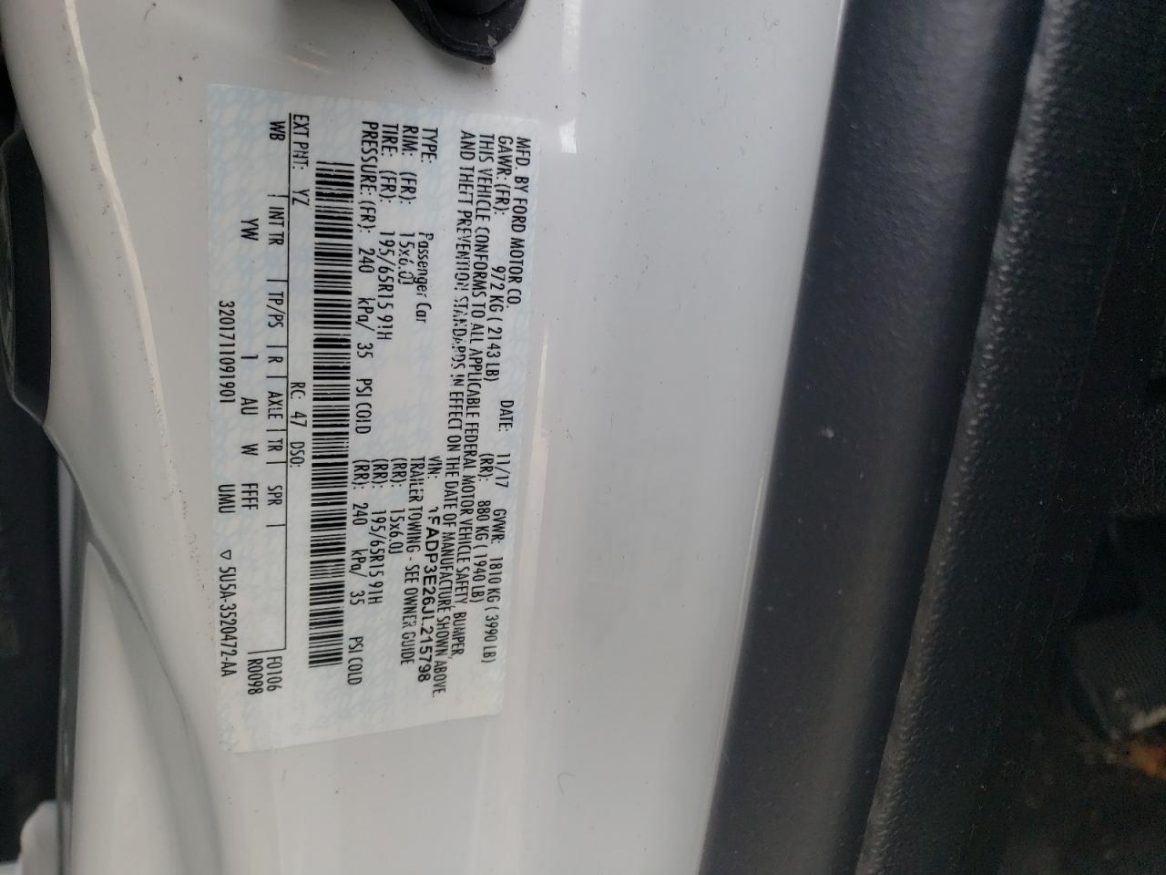 Photo 10 from auction – 2018 FORD FOCUS S with VIN 1FADP3E26JL215798