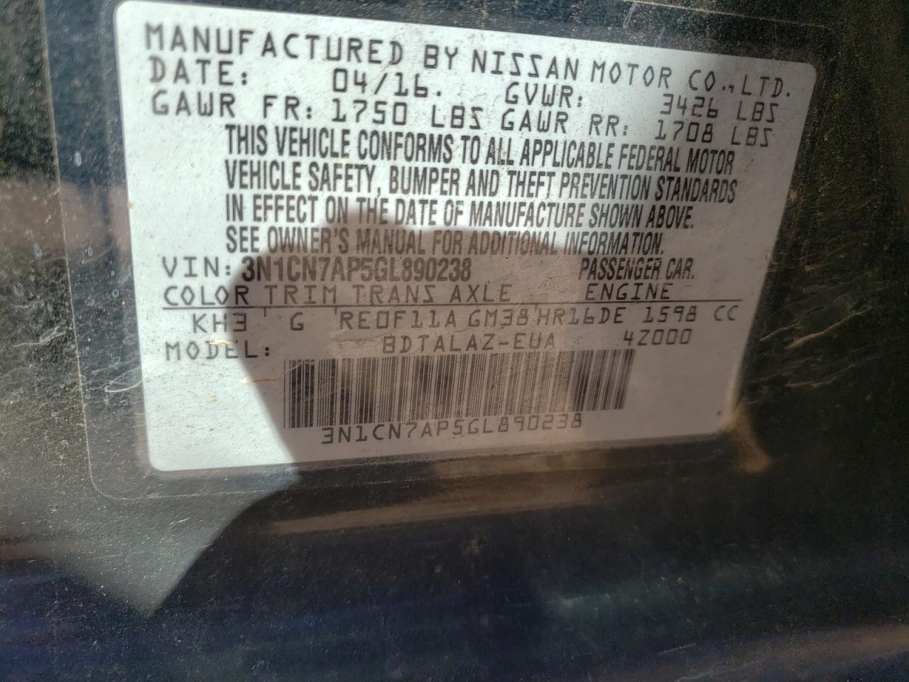 Photo 10 from auction – 2016 NISSAN VERSA S with VIN 3N1CN7AP5GL890238