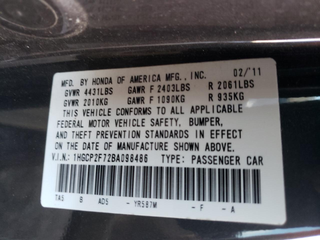 Photo 10 from auction – 2011 HONDA ACCORD EX with VIN 1HGCP2F72BA098486