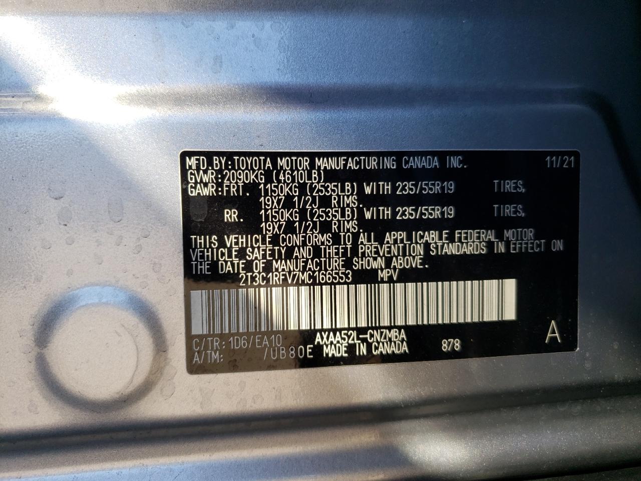 Photo 10 from auction – 2021 TOYOTA RAV4 XLE P with VIN 2T3C1RFV7MC166553