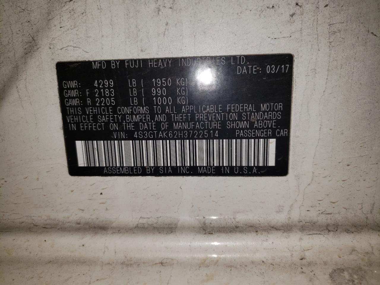 Photo 10 from auction – 2017 SUBARU IMPREZA SP with VIN 4S3GTAK62H3722514