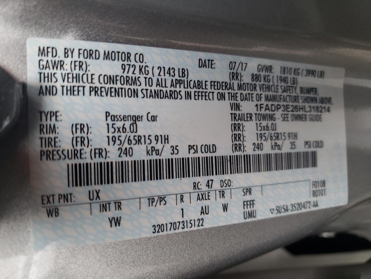 Photo 10 from auction – 2017 FORD FOCUS S with VIN 1FADP3E26HL318214
