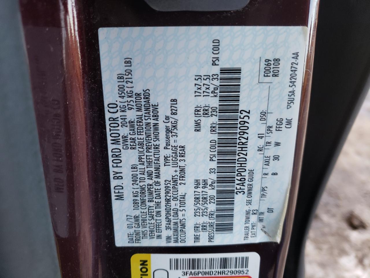 Photo 10 from auction – 2017 FORD FUSION SE with VIN 3FA6P0HD2HR290952