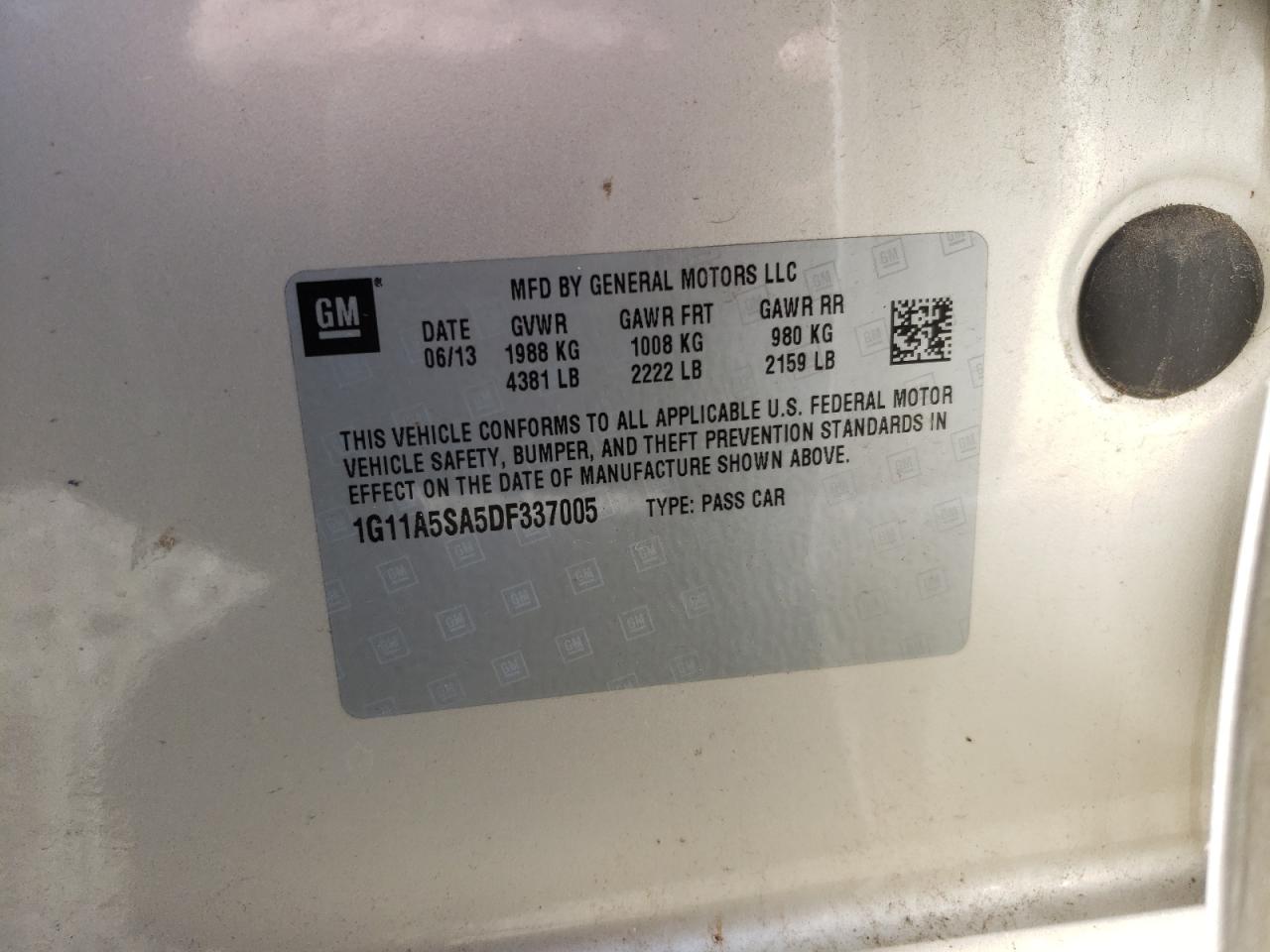 Photo 10 from auction – 2013 CHEVROLET MALIBU LS with VIN 1G11A5SA5DF337005