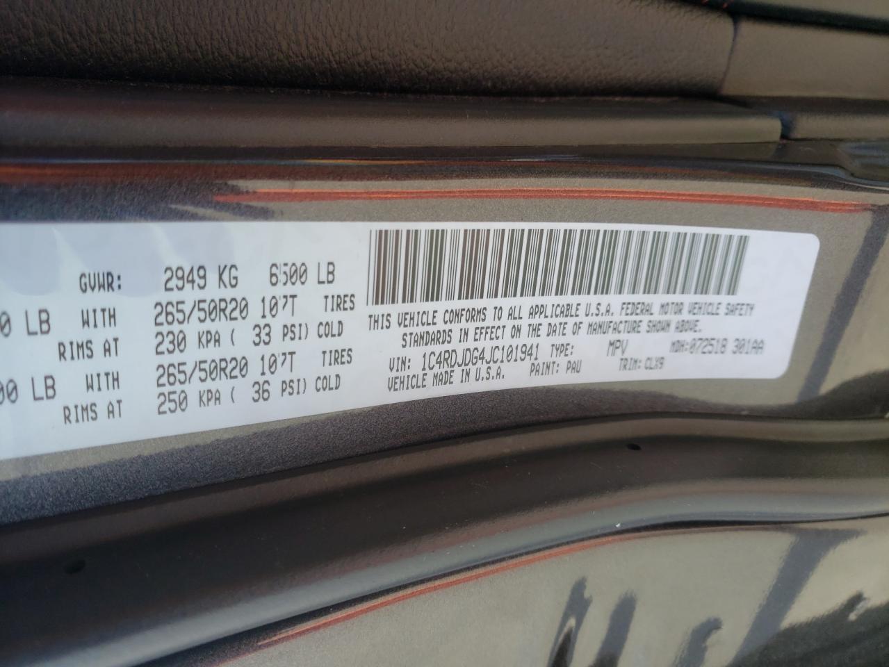 Photo 10 from auction – 2018 DODGE DURANGO GT with VIN 1C4RDJDG4JC101941