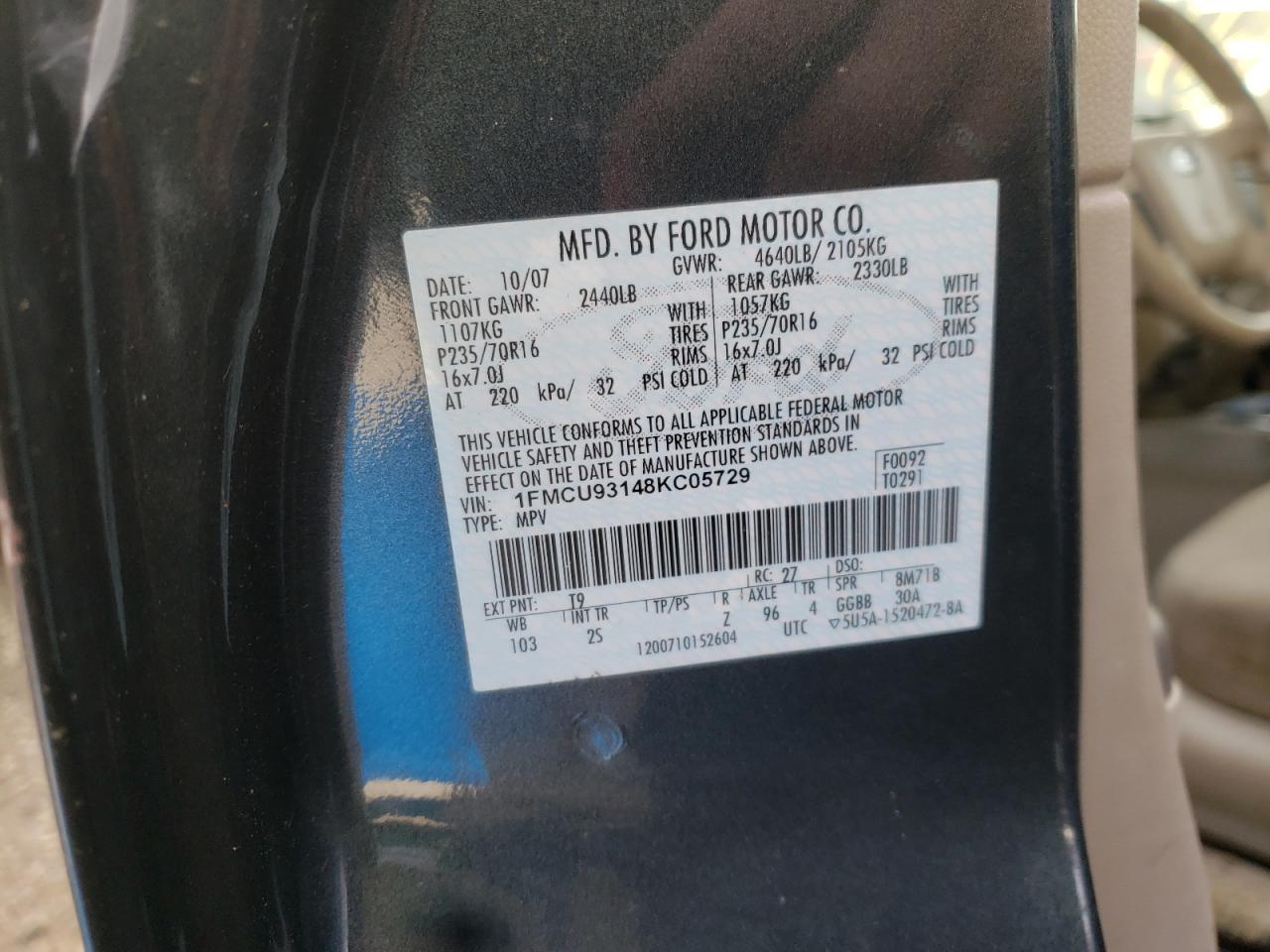 Photo 10 from auction – 2008 FORD ESCAPE XLT with VIN 1FMCU93148KC05729
