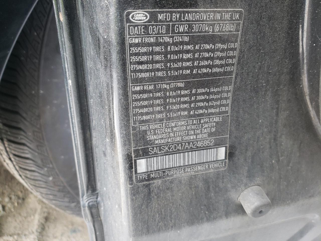 Photo 10 from auction – 2010 LAND ROVER RANGE ROVE with VIN SALSK2D47AA246852