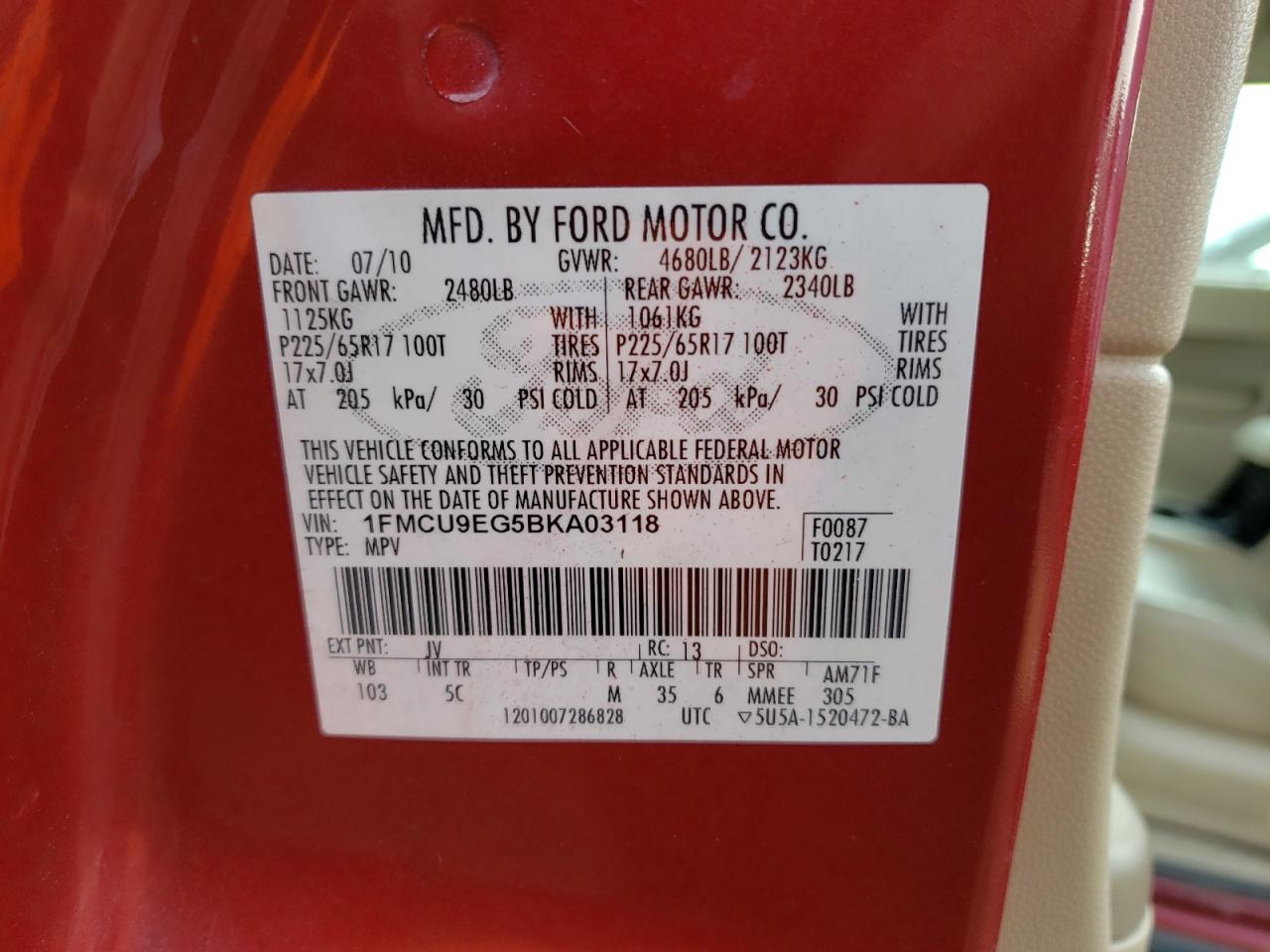 Photo 10 from auction – 2011 FORD ESCAPE LIM with VIN 1FMCU9EG5BKA03118