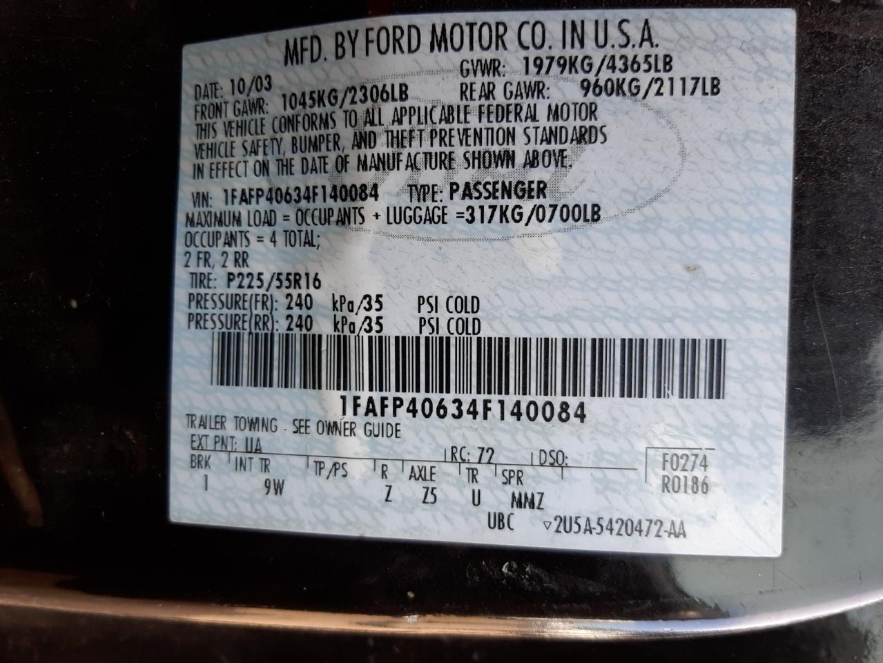Photo 10 from auction – 2004 FORD MUSTANG with VIN 1FAFP40634F140084