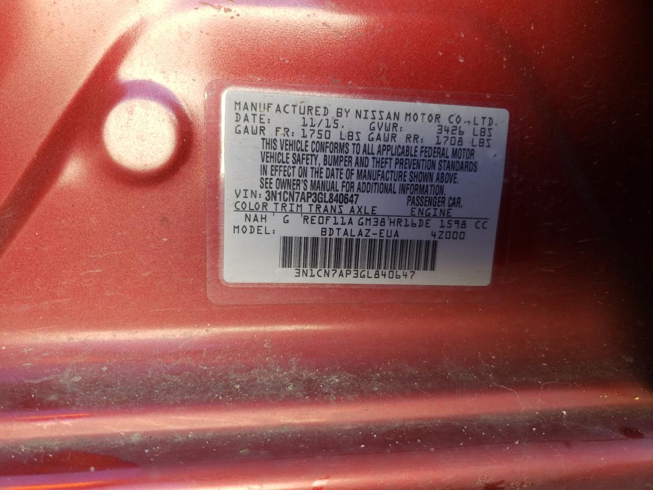 Photo 10 from auction – 2016 NISSAN VERSA S with VIN 3N1CN7AP3GL840647