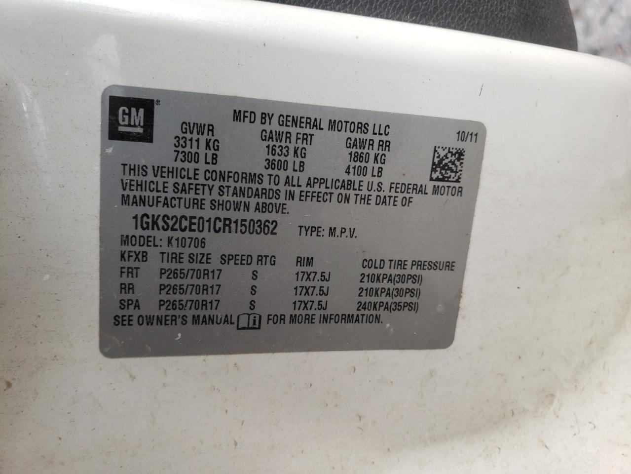 Photo 10 from auction – 2012 GMC YUKON SLT with VIN 1GKS2CE01CR150362