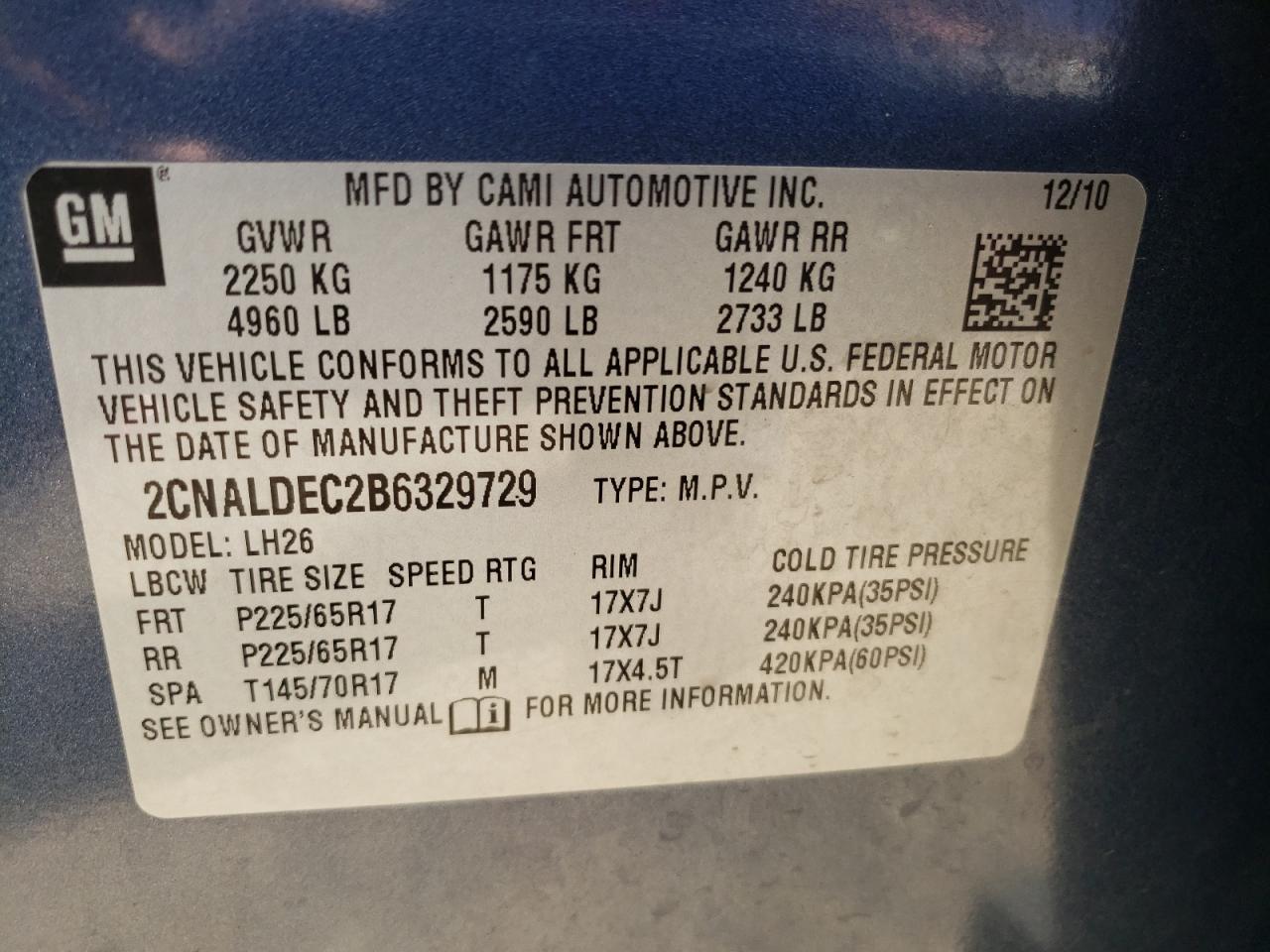 Photo 10 from auction – 2011 CHEVROLET EQUINOX LT with VIN 2CNALDEC2B6329729