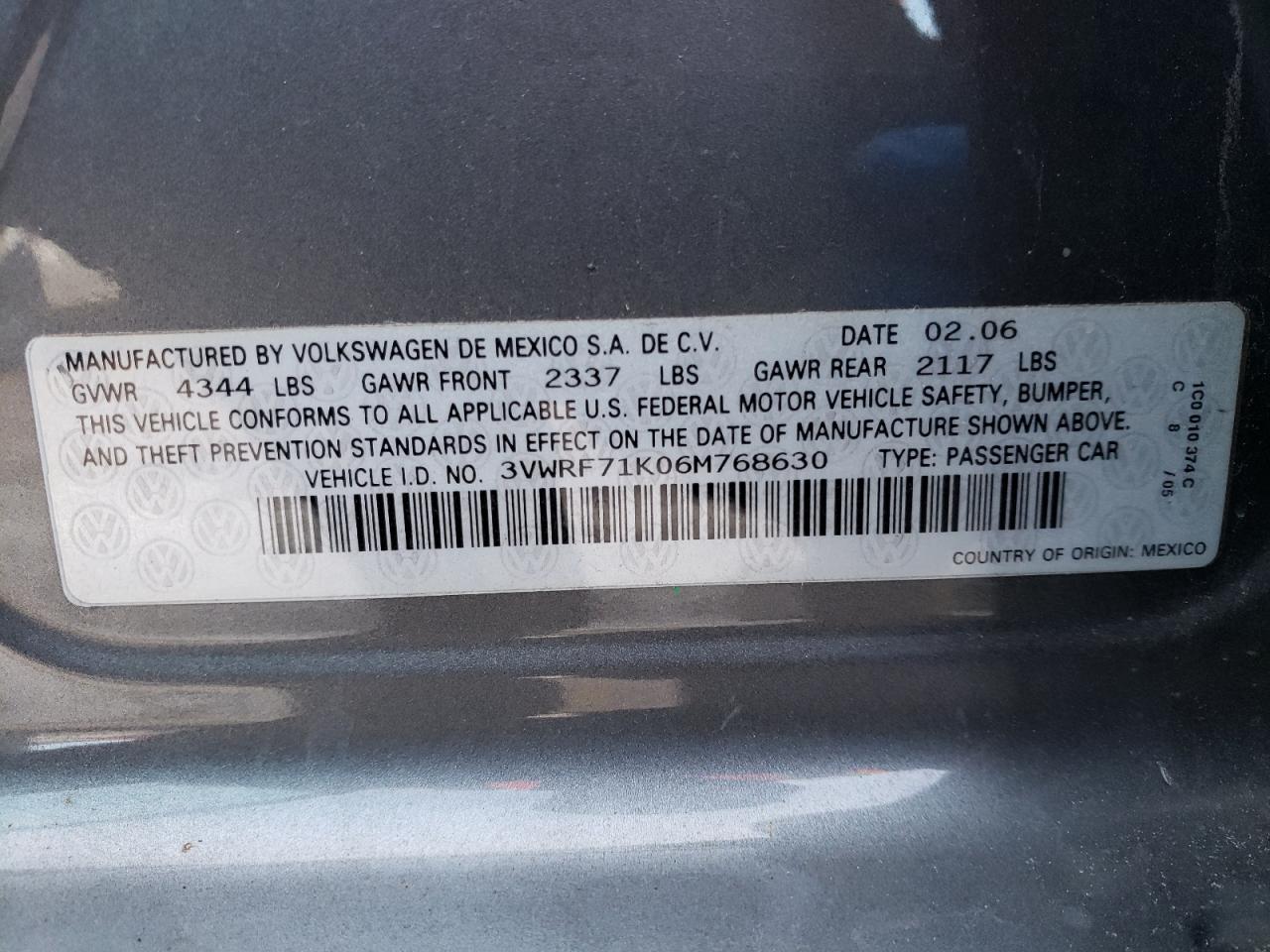 Photo 10 from auction – 2006 VOLKSWAGEN JETTA 2.5 with VIN 3VWRF71K06M768630