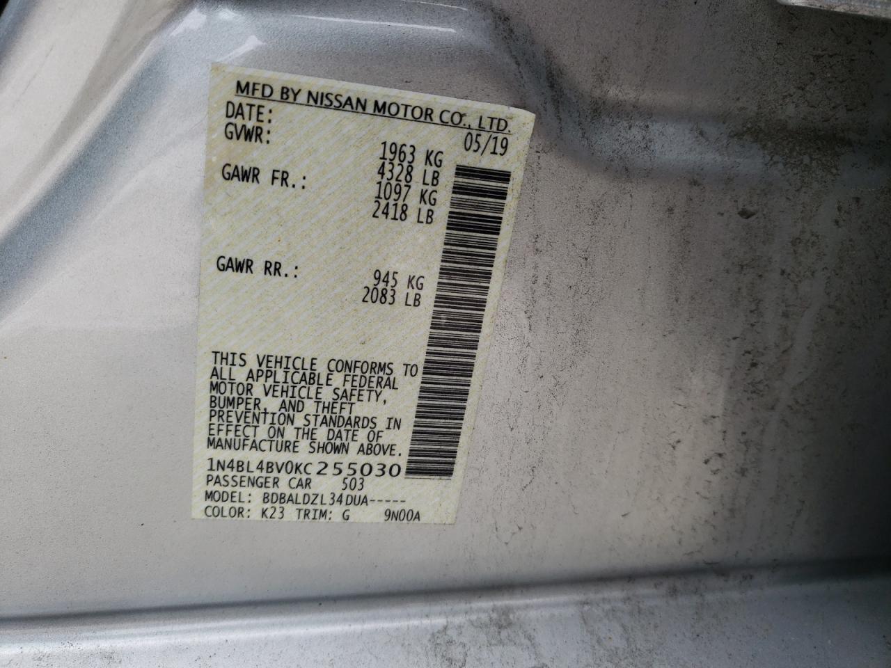 Photo 10 from auction – 2019 NISSAN ALTIMA S with VIN 1N4BL4BV0KC255030
