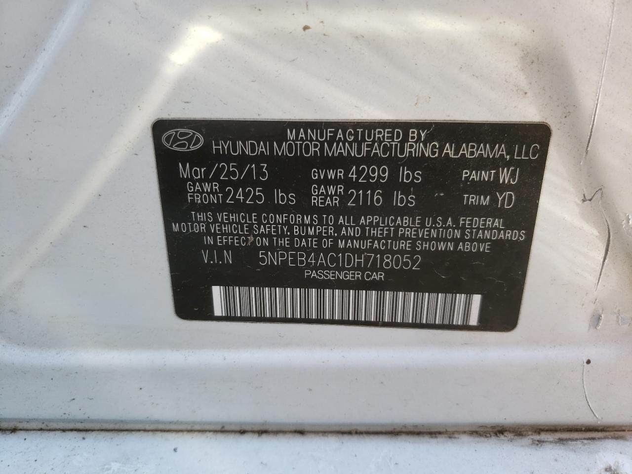 Photo 10 from auction – 2013 HYUNDAI SONATA GLS with VIN 5NPEB4AC1DH718052
