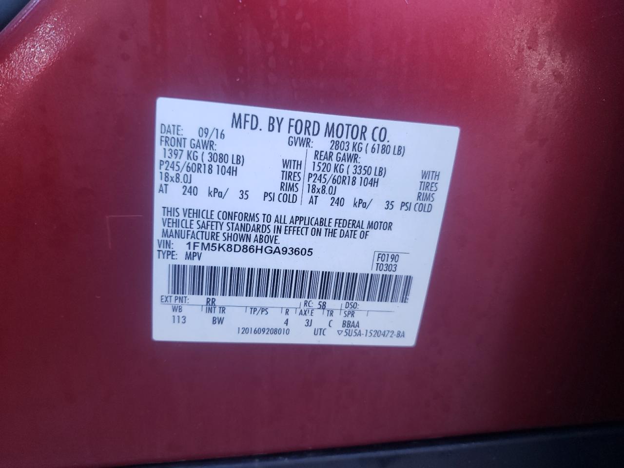 Photo 10 from auction – 2017 FORD EXPLORER X with VIN 1FM5K8D86HGA93605