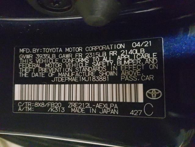 Photo 10 from auction – 2021 TOYOTA COROLLA LE with VIN JTDEPMAE1MJ183881