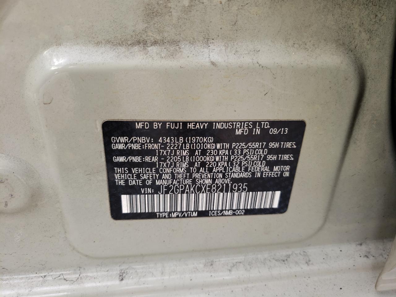 Photo 10 from auction – 2014 SUBARU XV CROSSTR with VIN JF2GPAKCXE8211935