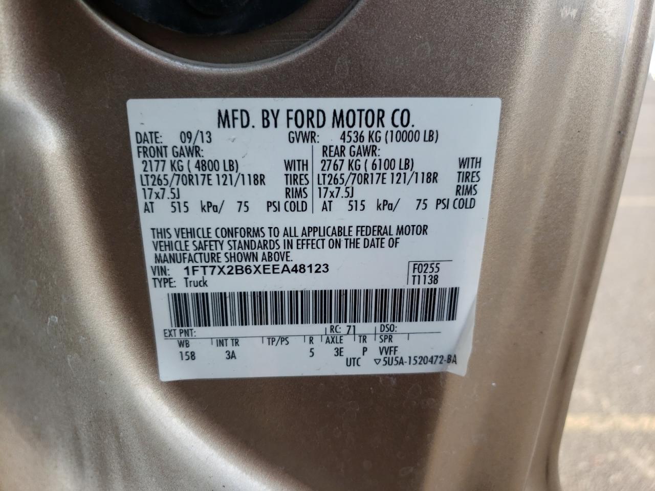 Photo 10 from auction – 2014 FORD F250 SUPER with VIN 1FT7X2B6XEEA48123