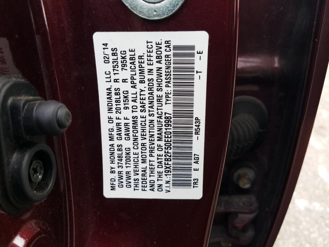 Photo 10 from auction – 2014 HONDA CIVIC LX with VIN 19XFB2F50EE019987